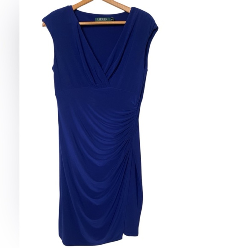 Lauren Ralph Lauren‎ Blue Stretch Jersey Faux Wrap Cowl Neck Dress Size 12 EUC